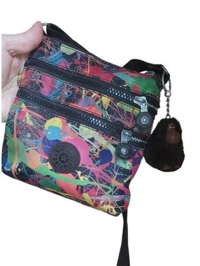 Kipling Alvar Crossbody Bag Paint Splatter Black Strap Monkey Charm USED FAIR